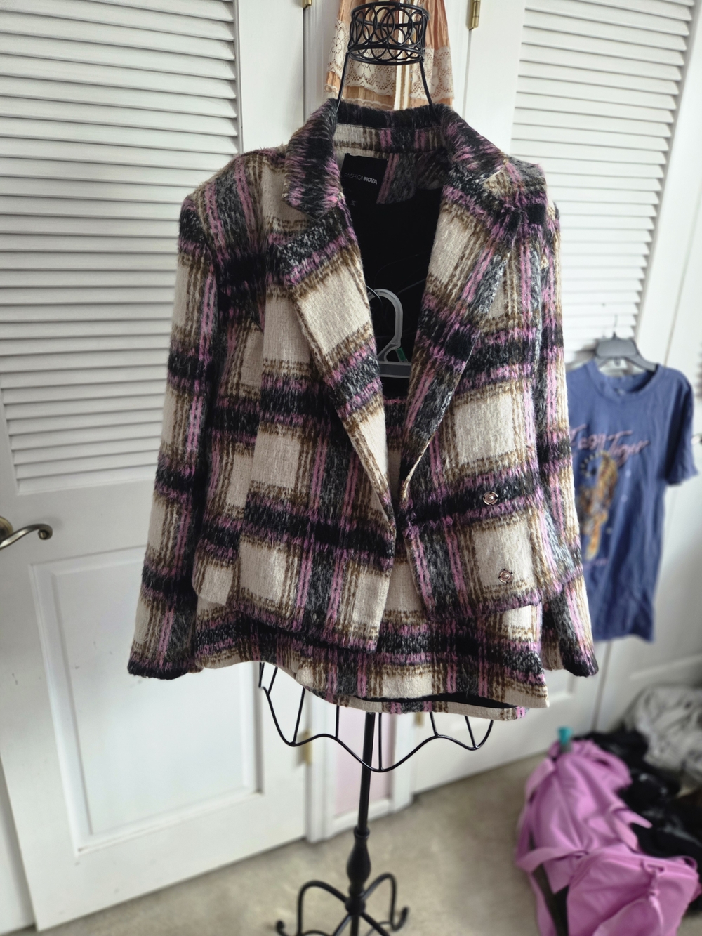 Plaid Tweed Blazer Jacket - Cream, Black & Pink Accents